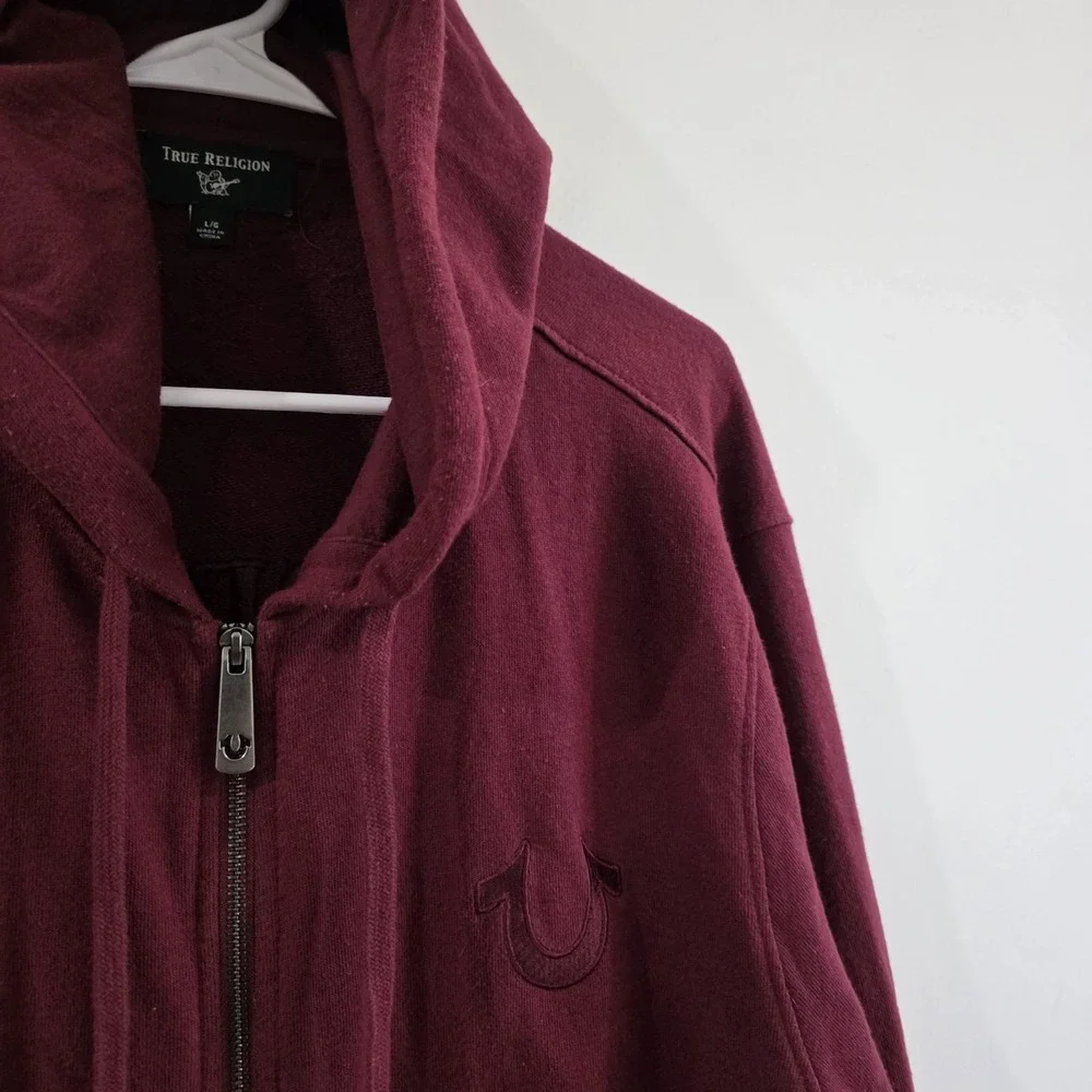 True Religion Mens Zip Up Hooded Sweater Size Large Spellout Logo Y2K Grunge